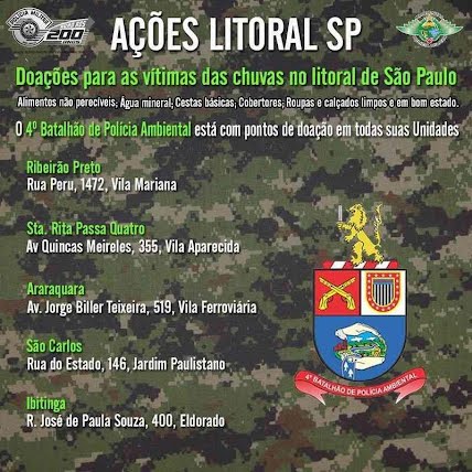 4º Batalhão de Polícia Ambiental SP está recebendo doações para as