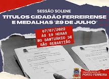 Câmara de Porto Ferreira: Títulos e Medalhas serão entregues em cerimônia na próxima quinta(07/07)